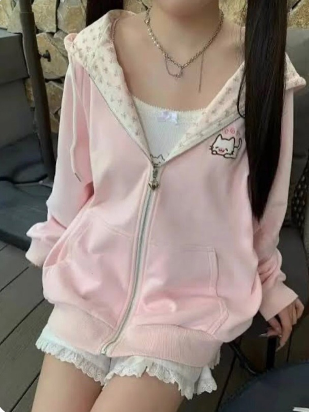 Womens Pink Zip-Up Hoodie Y2K Harajuku Cat “Meow” Patch Size-1 NEW